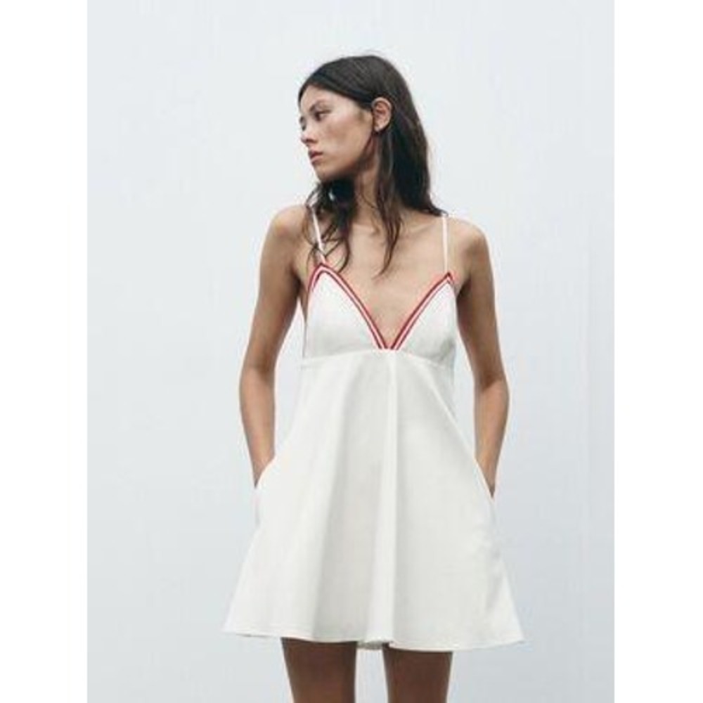 ZARA White Cami Slip Mini Dress Red Striped Trim M Low Back Pockets Sporty Chic